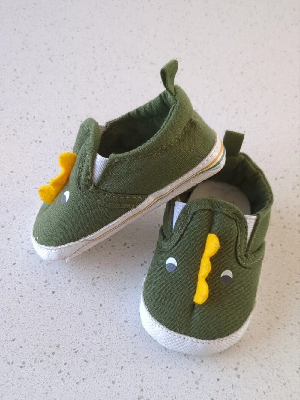 Carter's Olive Green Dinosaur Slip-On Baby Shoes with Yellow Detail
